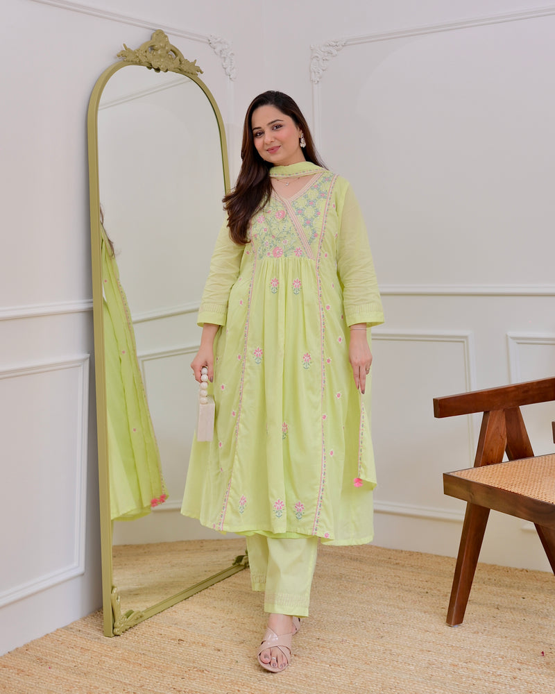 Mint Thread Embroidered Premium Mul Cotton A Line Suit