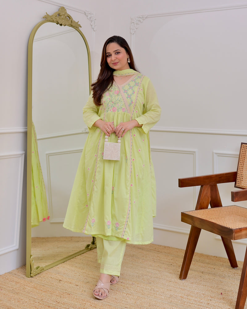 Mint Thread Embroidered Premium Mul Cotton A Line Suit