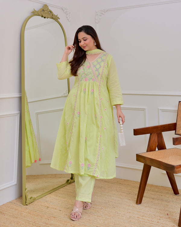 Mint Thread Embroidered Premium Mul Cotton A Line Suit