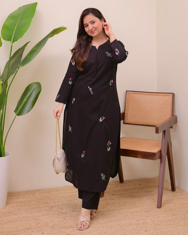 Black Minimal Floral Threadwork Cotton Kurta Set