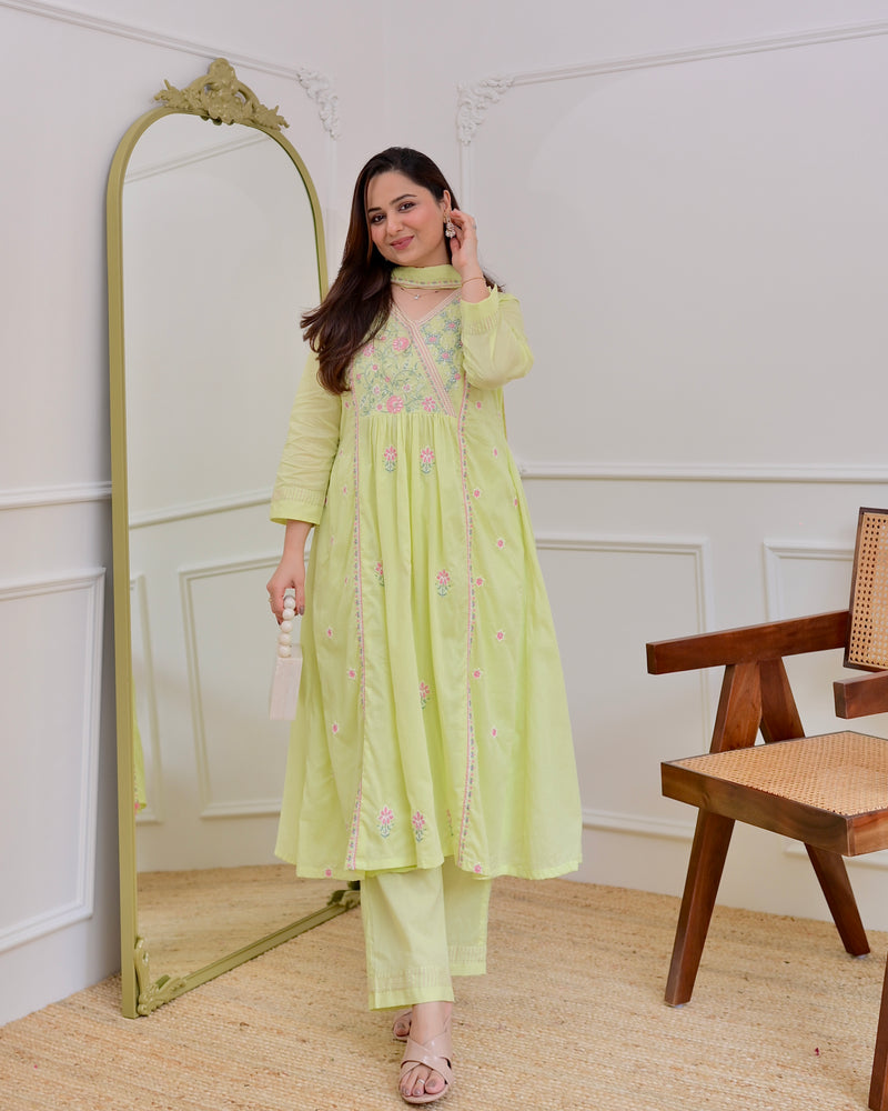 Mint Thread Embroidered Premium Mul Cotton A Line Suit