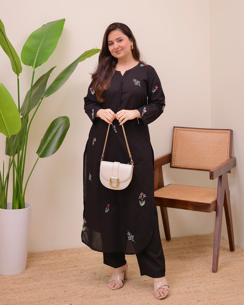 Black Minimal Floral Threadwork Cotton Kurta Set