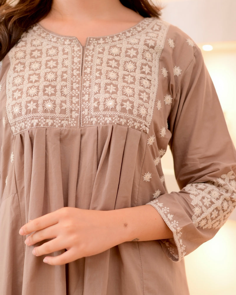 Hazelnut Threadwork A Line Cotton Kurta Set