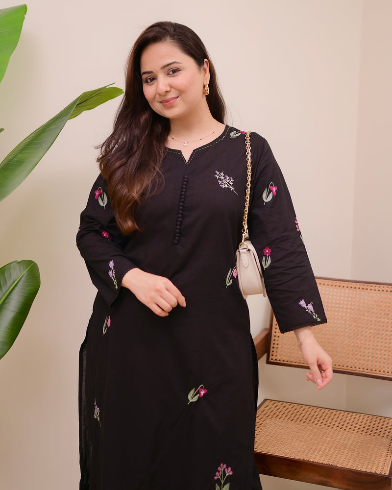 Black Minimal Floral Threadwork Cotton Kurta Set