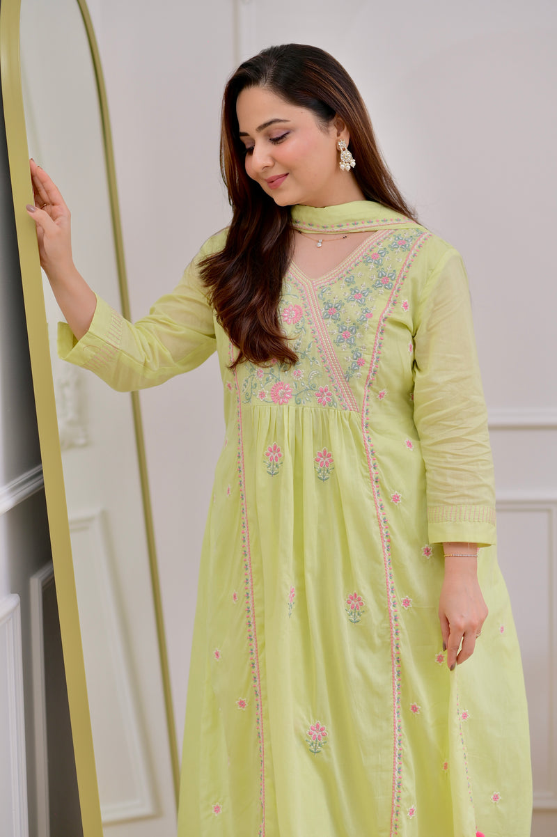 Mint Thread Embroidered Premium Mul Cotton A Line Suit