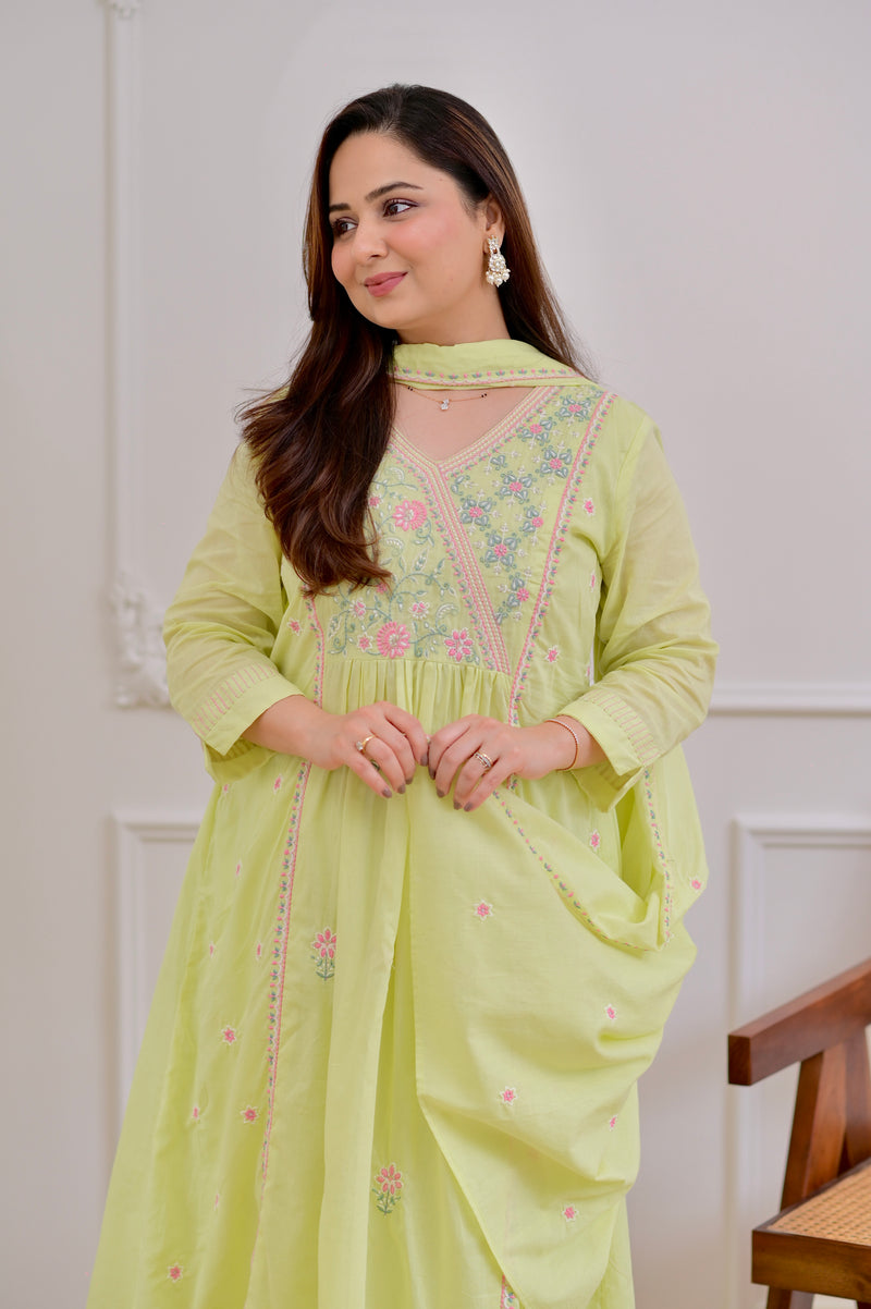 Mint Thread Embroidered Premium Mul Cotton A Line Suit