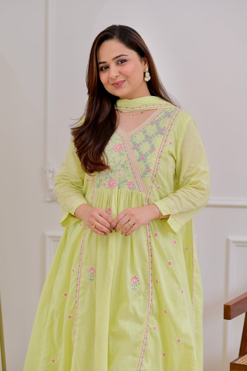 Mint Thread Embroidered Premium Mul Cotton A Line Suit