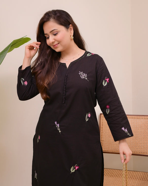 Black Minimal Floral Threadwork Cotton Kurta Set