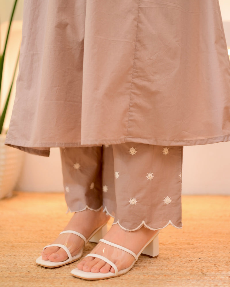 Hazelnut Threadwork A Line Cotton Kurta Set