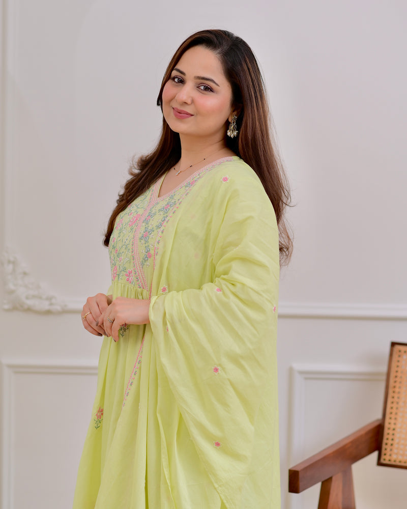 Mint Thread Embroidered Premium Mul Cotton A Line Suit