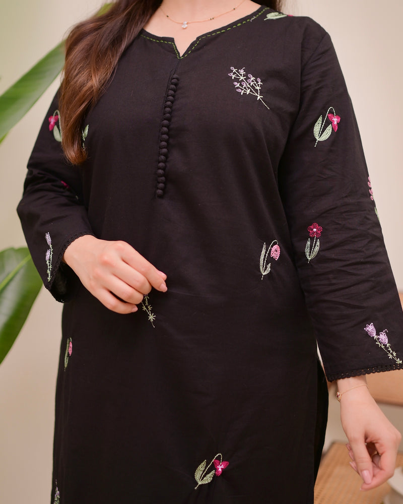 Black Minimal Floral Threadwork Cotton Kurta Set
