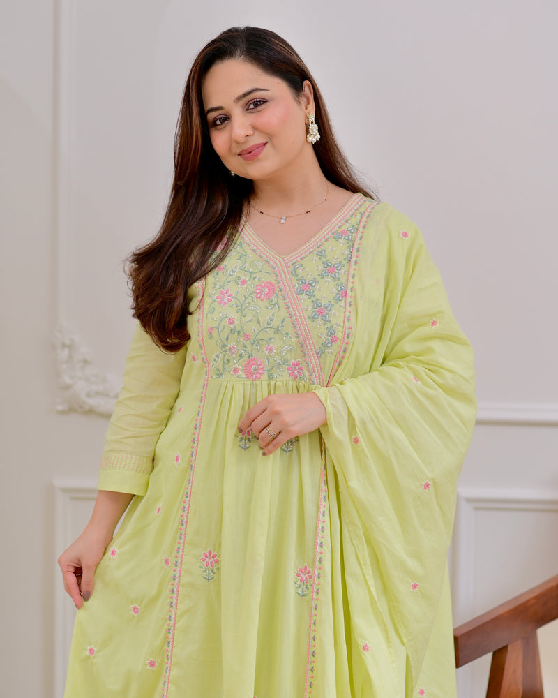 Mint Thread Embroidered Premium Mul Cotton A Line Suit