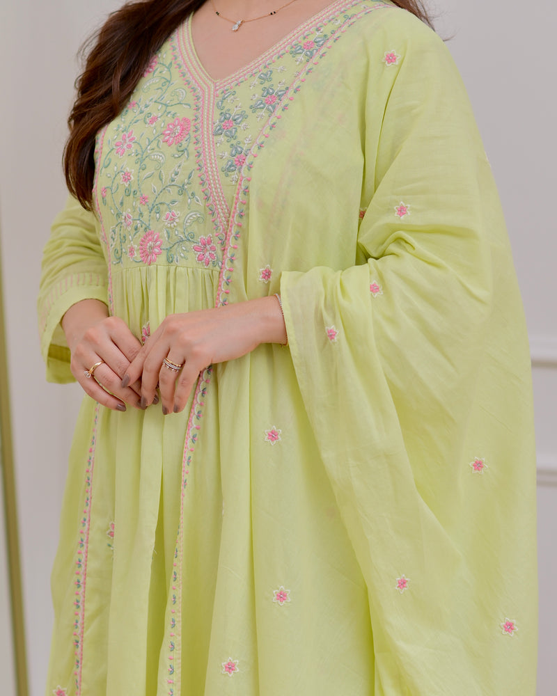 Mint Thread Embroidered Premium Mul Cotton A Line Suit
