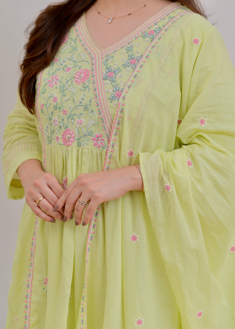Mint Thread Embroidered Premium Mul Cotton A Line Suit