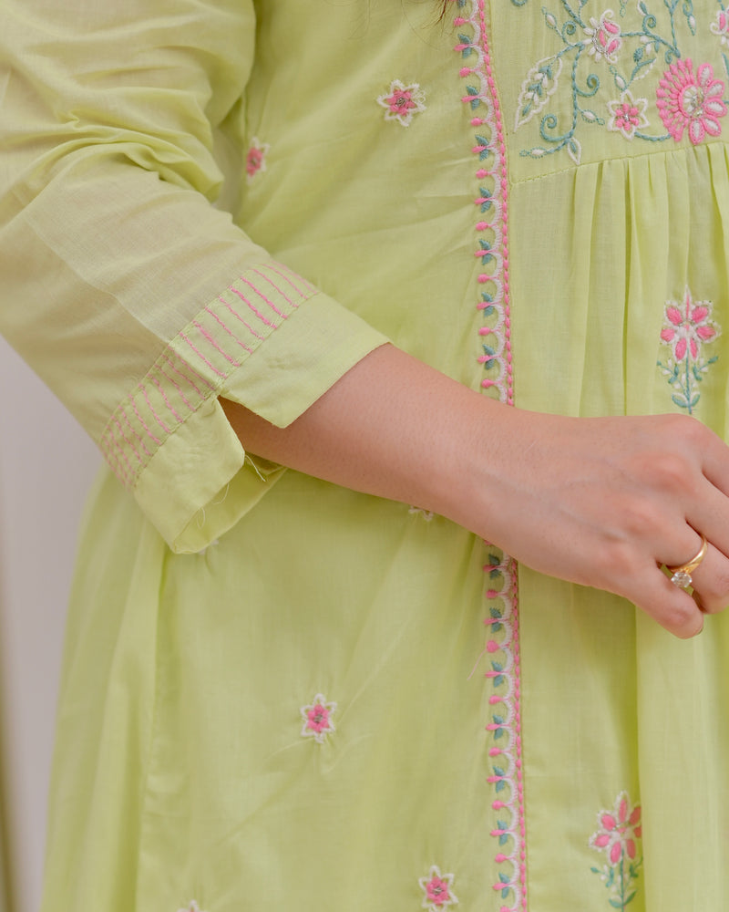 Mint Thread Embroidered Premium Mul Cotton A Line Suit