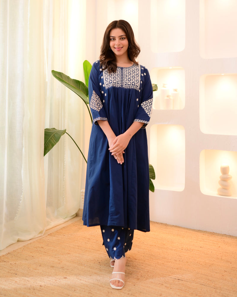 Midnight Blue Threadwork A Line Cotton Kurta Set