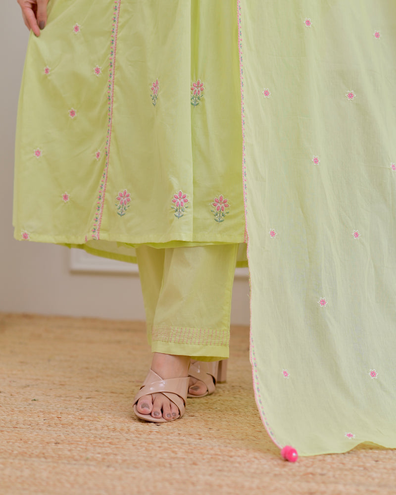 Mint Thread Embroidered Premium Mul Cotton A Line Suit