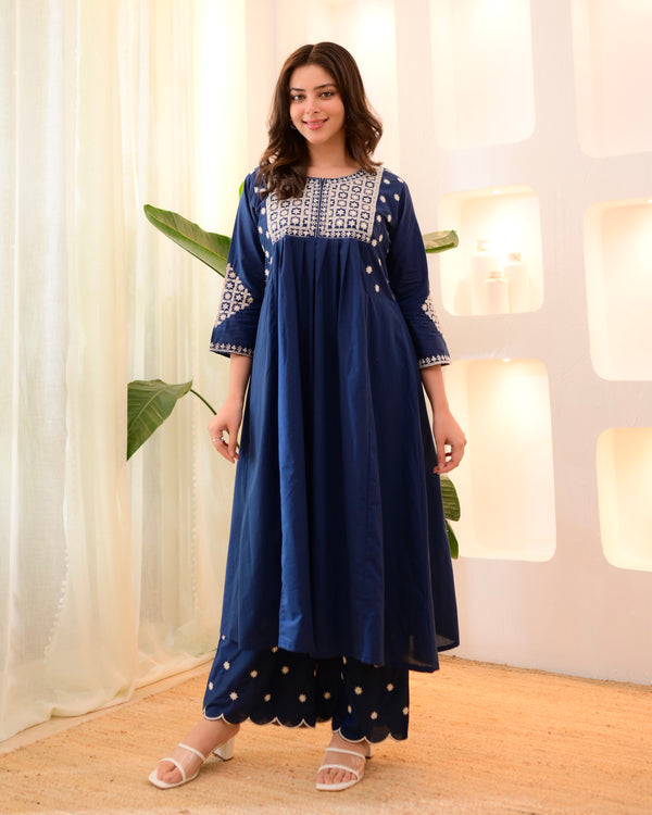 Midnight Blue Threadwork A Line Cotton Kurta Set