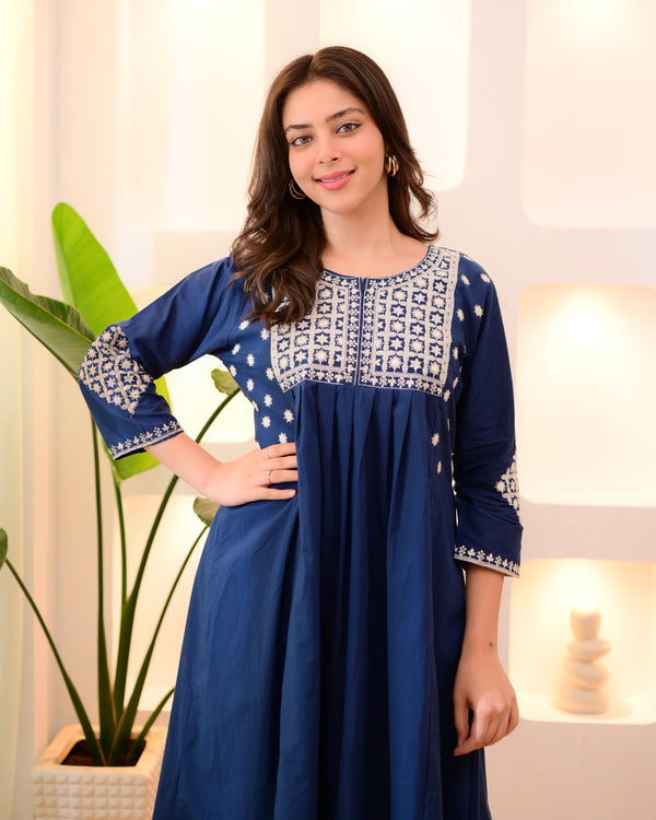 Midnight Blue Threadwork A Line Cotton Kurta Set