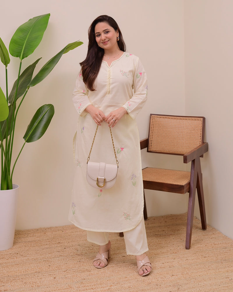 Ivory Minimal Floral Threadwork Cotton Kurta Set
