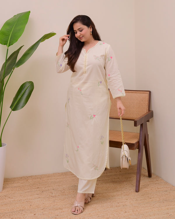 Ivory Minimal Floral Threadwork Cotton Kurta Set