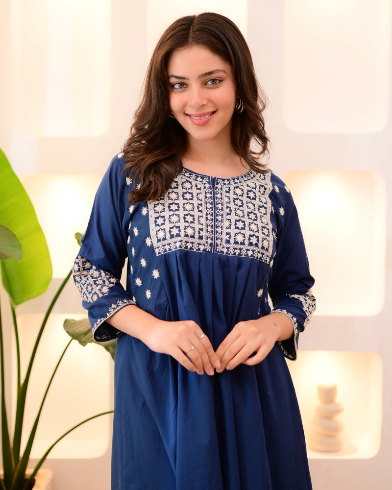 Midnight Blue Threadwork A Line Cotton Kurta Set