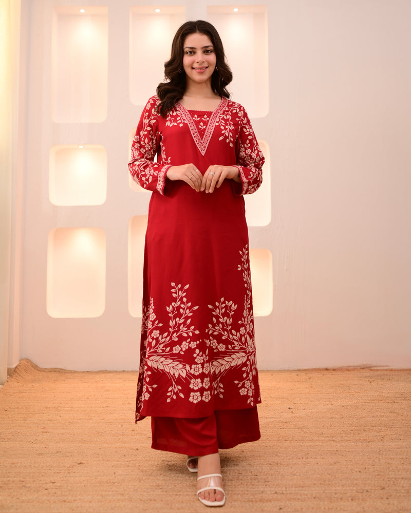 Scarlet Petals Cotton A Line Kurta Palazzo Set