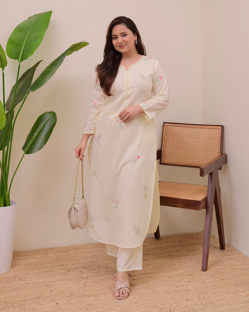 Ivory Minimal Floral Threadwork Cotton Kurta Set