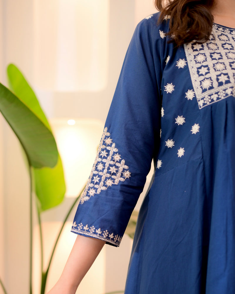 Midnight Blue Threadwork A Line Cotton Kurta Set