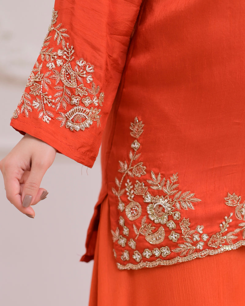 Rust Orange Chinnon Silk Handwork Sharara Set