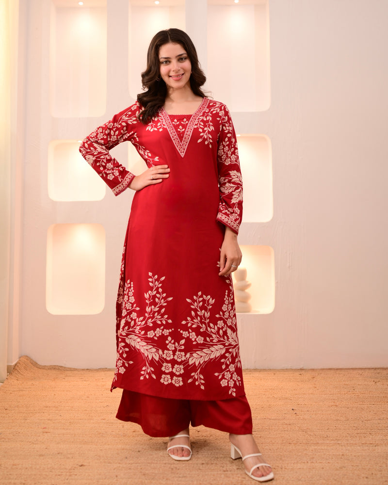 Scarlet Petals Cotton A Line Kurta Palazzo Set