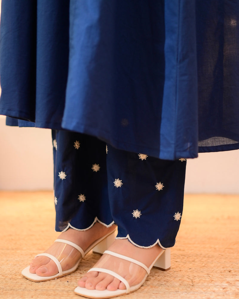 Midnight Blue Threadwork A Line Cotton Kurta Set