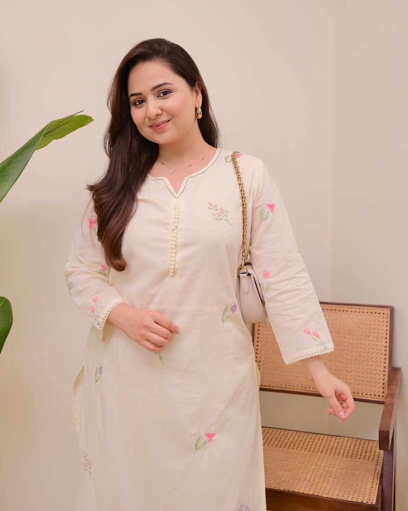 Ivory Minimal Floral Threadwork Cotton Kurta Set