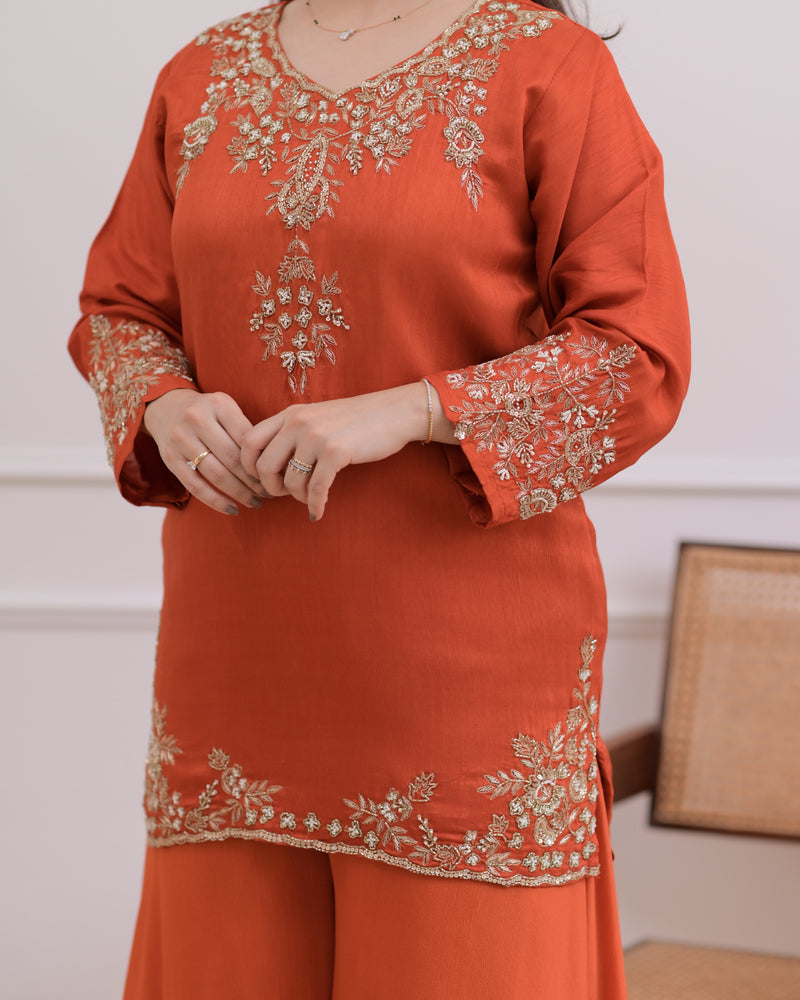 Rust Orange Chinnon Silk Handwork Sharara Set
