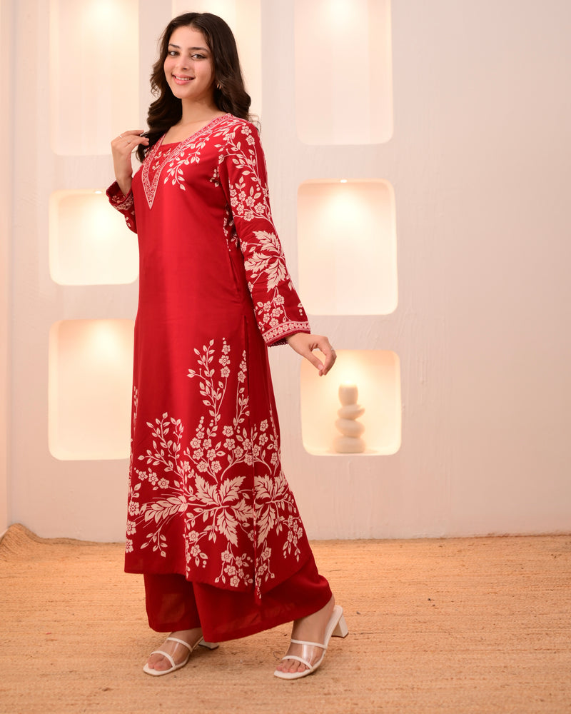 Scarlet Petals Cotton A Line Kurta Palazzo Set