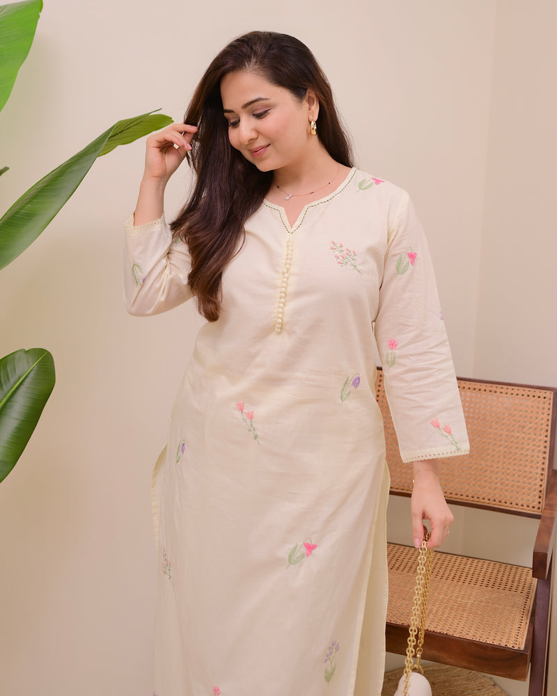 Ivory Minimal Floral Threadwork Cotton Kurta Set
