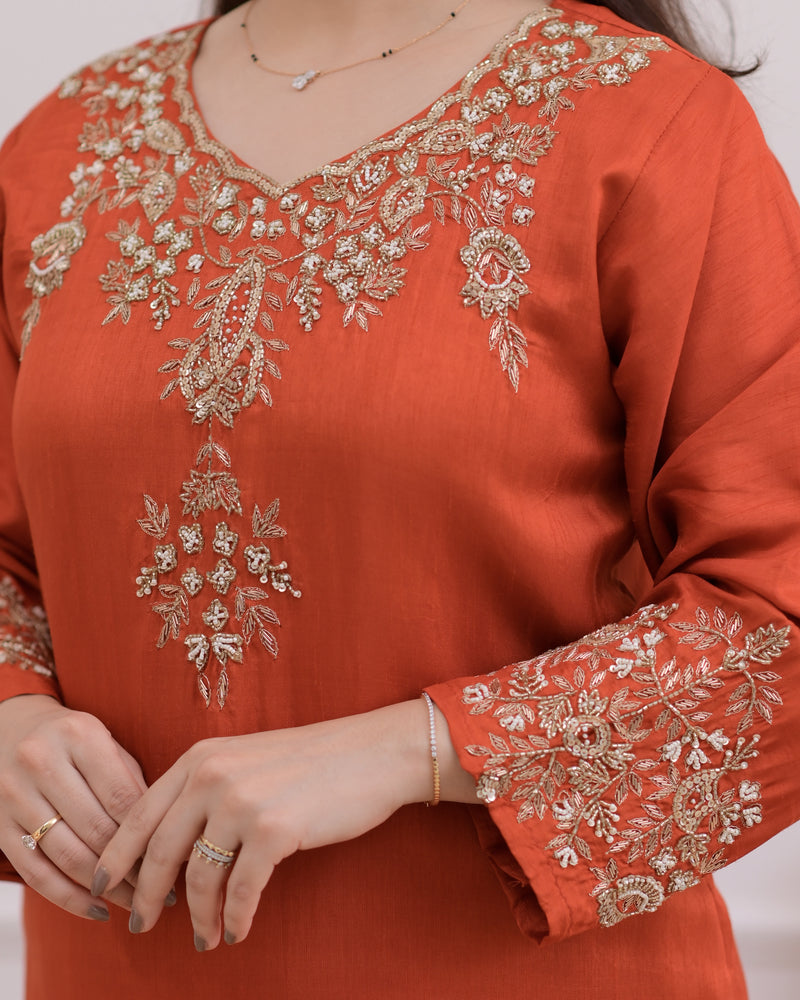 Rust Orange Chinnon Silk Handwork Sharara Set