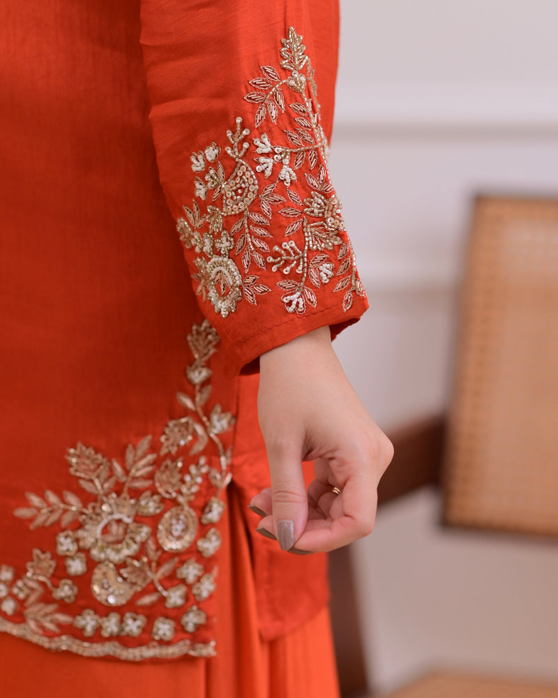 Rust Orange Chinnon Silk Handwork Sharara Set