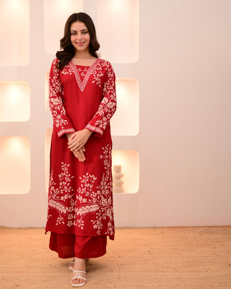 Scarlet Petals Cotton A Line Kurta Palazzo Set