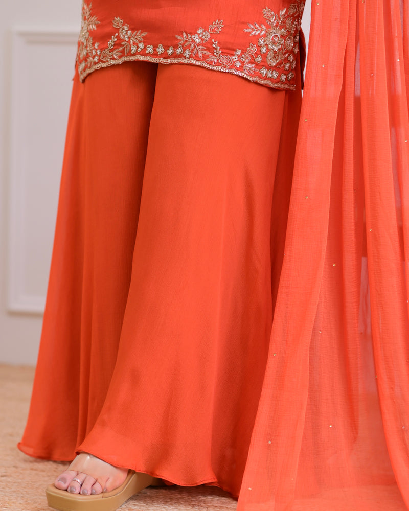Rust Orange Chinnon Silk Handwork Sharara Set