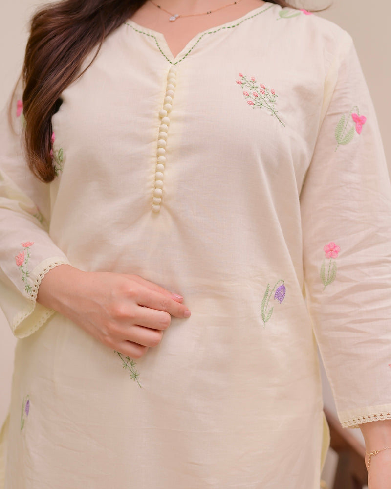 Ivory Minimal Floral Threadwork Cotton Kurta Set