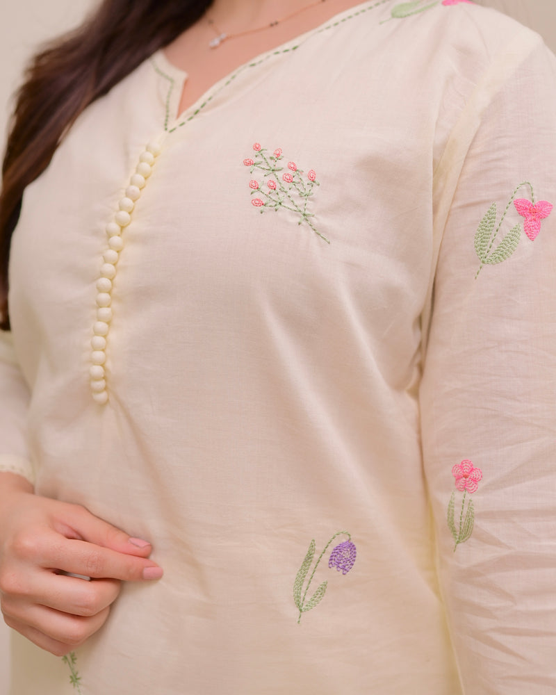 Ivory Minimal Floral Threadwork Cotton Kurta Set