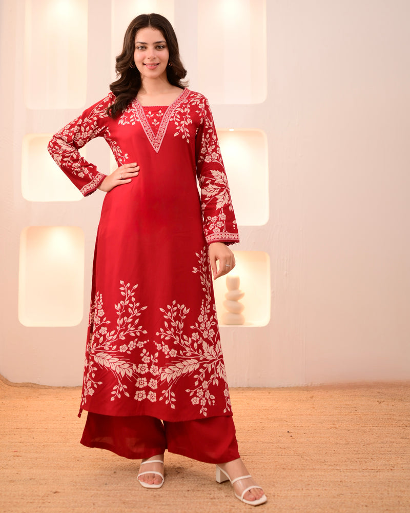 Scarlet Petals Cotton A Line Kurta Palazzo Set