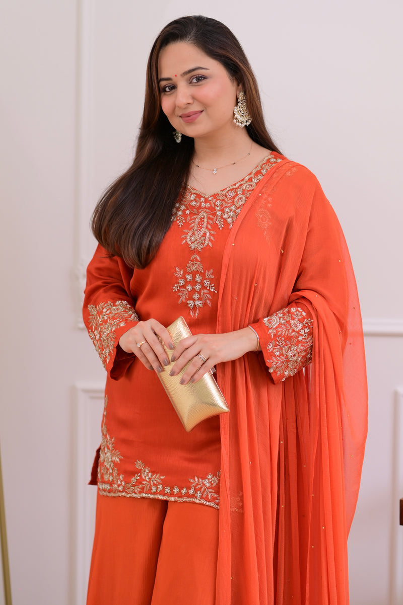 Rust Orange Chinnon Silk Handwork Sharara Set