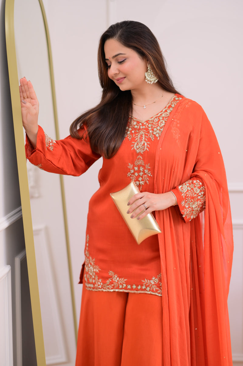 Rust Orange Chinnon Silk Handwork Sharara Set