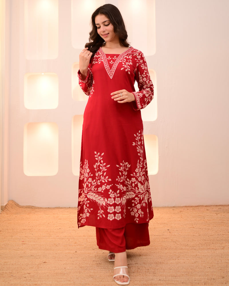 Scarlet Petals Cotton A Line Kurta Palazzo Set