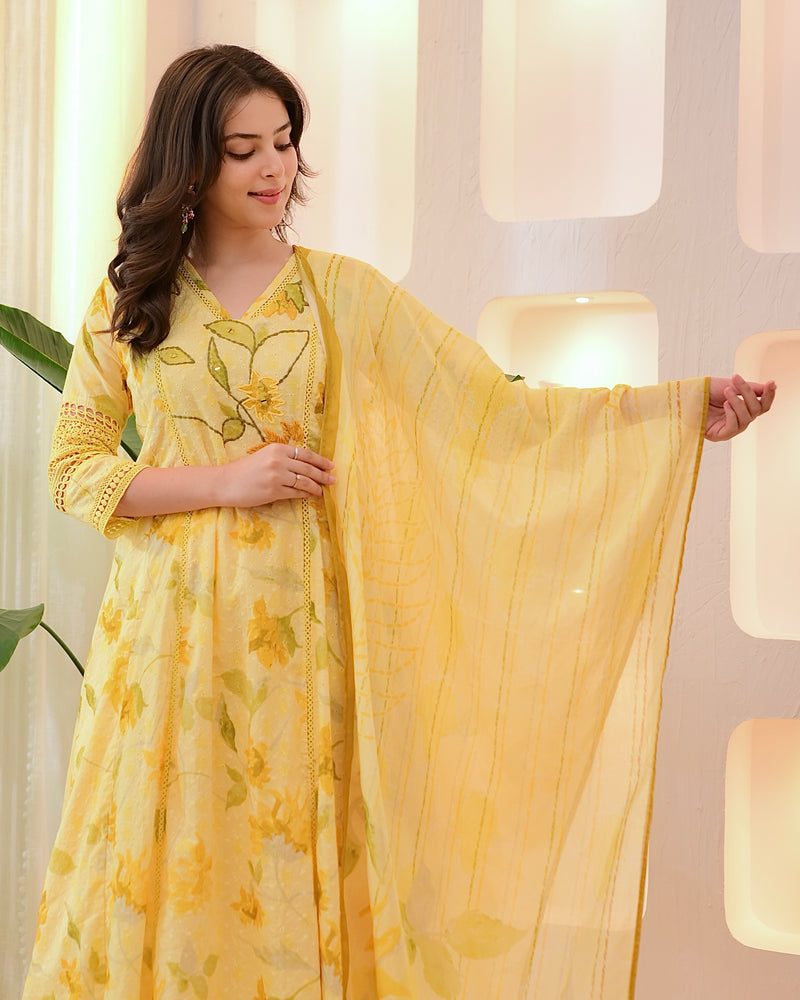 Lemon Zest Pakistani Schiffli Floral Cotton A Line Suit
