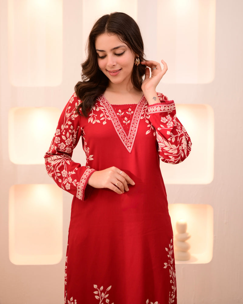 Scarlet Petals Cotton A Line Kurta Palazzo Set