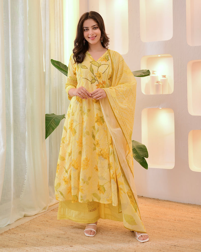 Lemon Zest Pakistani Schiffli Floral Cotton A Line Suit