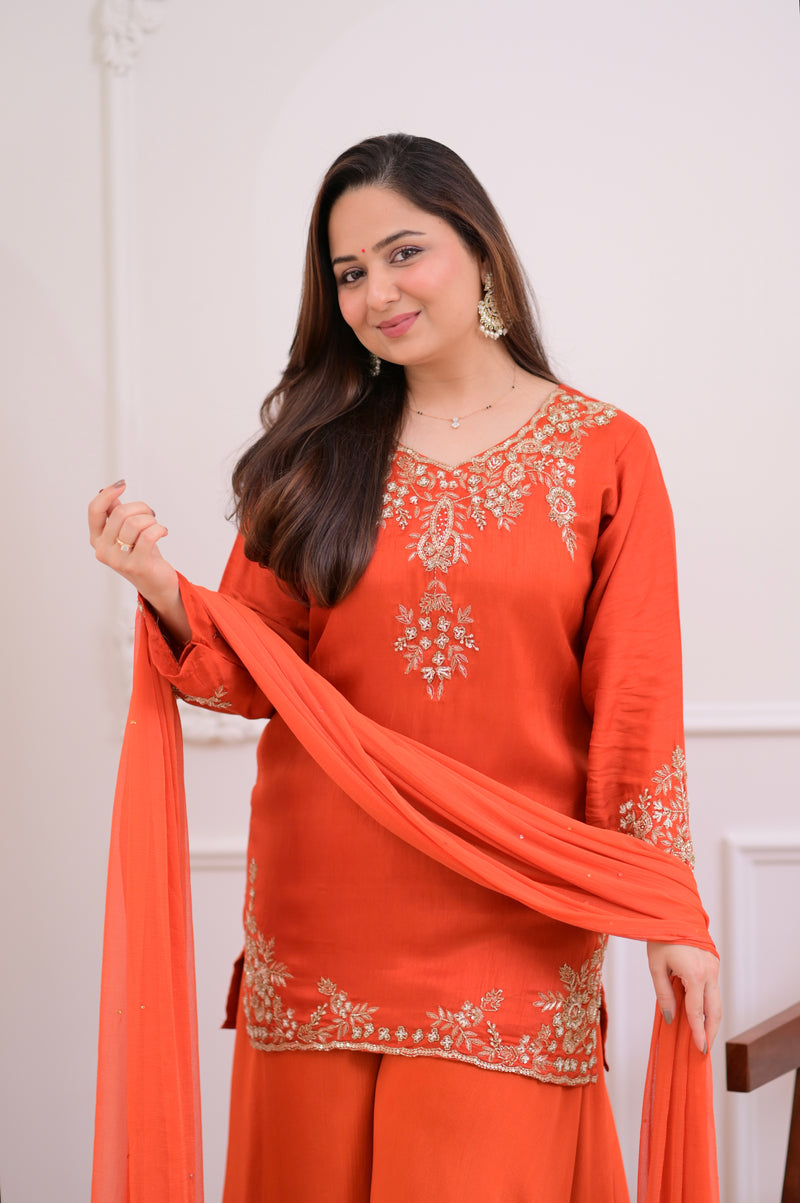 Rust Orange Chinnon Silk Handwork Sharara Set